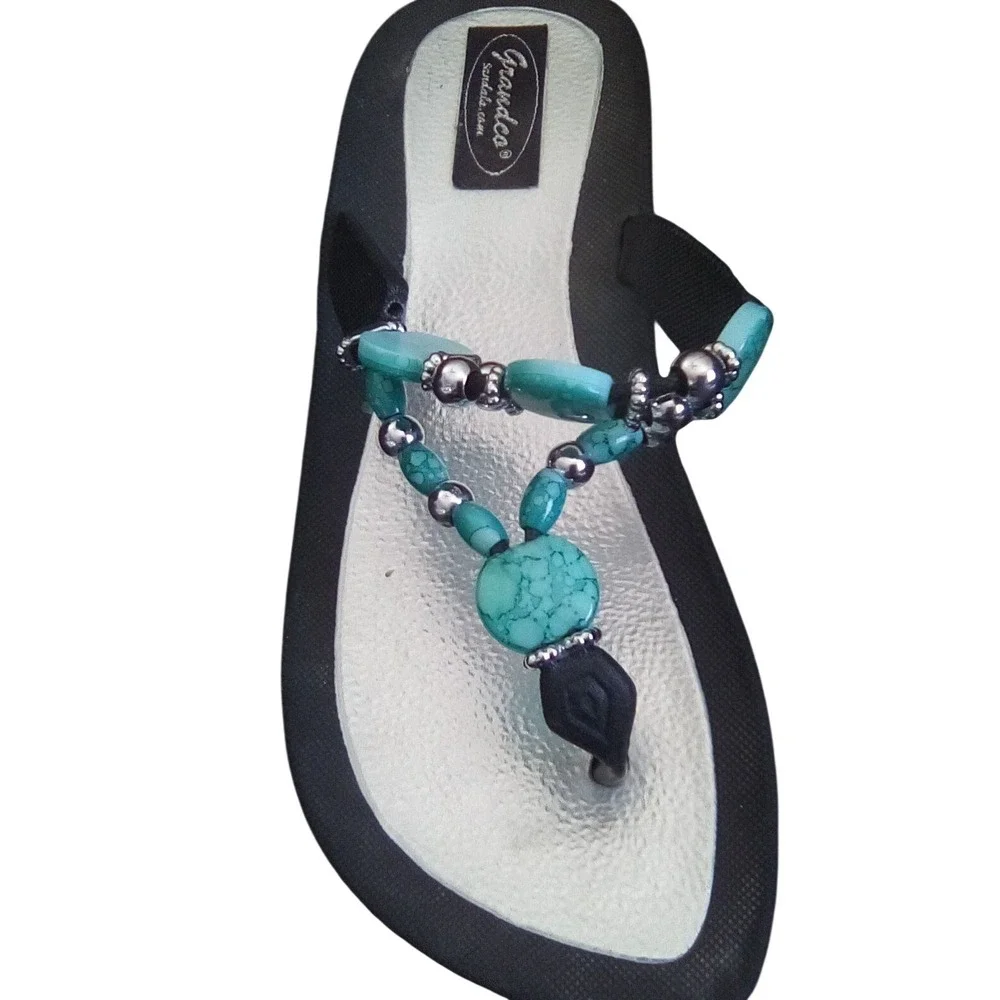 Grandco Womens Beaded F Flop Sandals Turquoise Silver Black HY-0969 Size 7